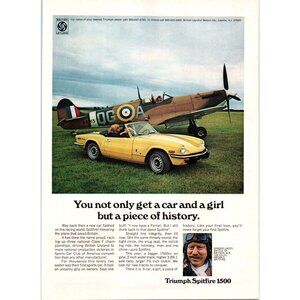 1973 Triumph Spitfire Convertible Vintage Print Ad Royal Air Force Plane Art